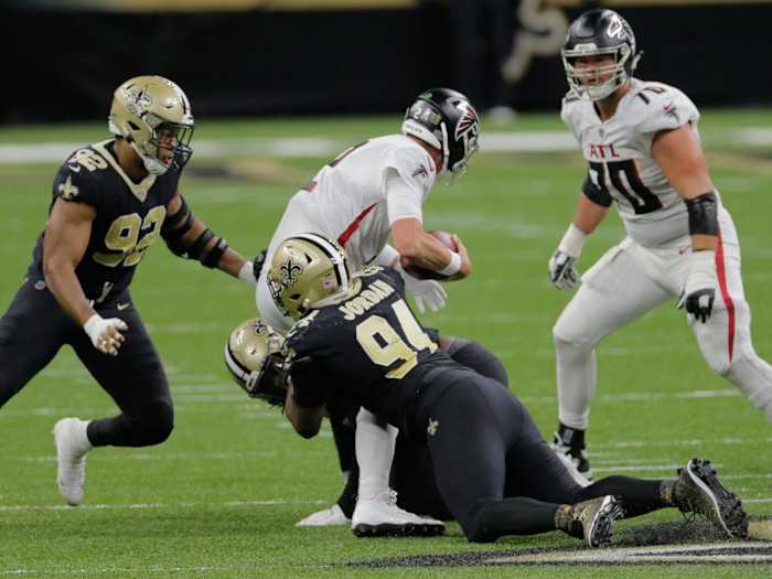 New Orleans Saints DE Cameron Jordan (94) sacks Atlanta QB Matt Ryan. Credit: Nola.com